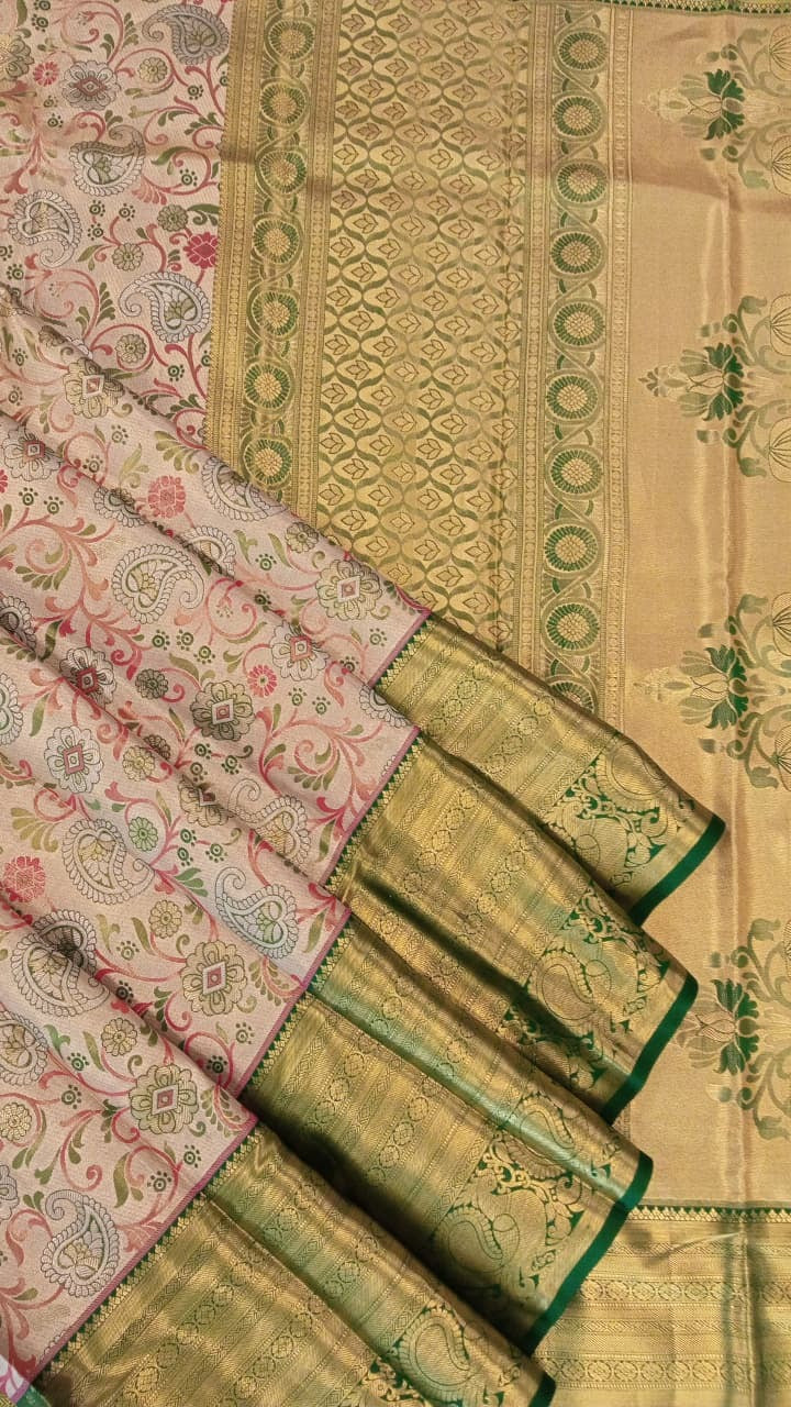Gold & Green Kanchipuram Silk Saree with Floral Paisley Zari Weave