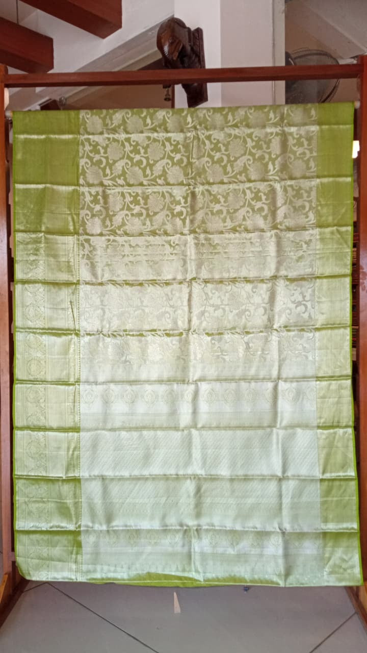 Pista Green & Silver Kanchipuram Silk Saree with Floral Zari Weave