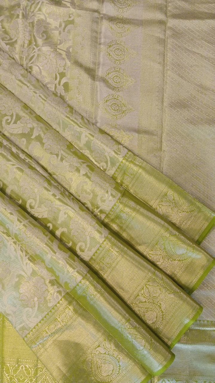 Pista Green & Silver Kanchipuram Silk Saree with Floral Zari Weave
