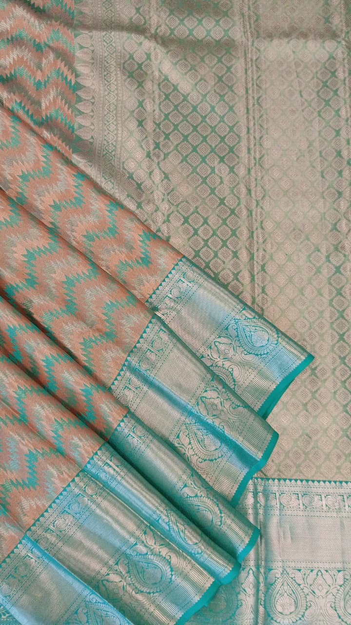 Sky Blue & Silver Kanchipuram Silk Saree with Zigzag Zari Weave