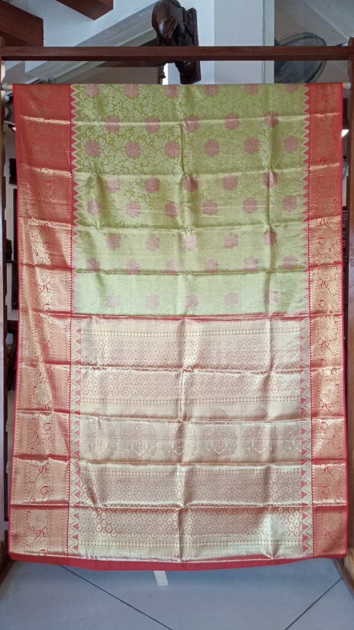 Lemon Yellow & Red Kanchipuram Silk Saree with Gold Zari Butta