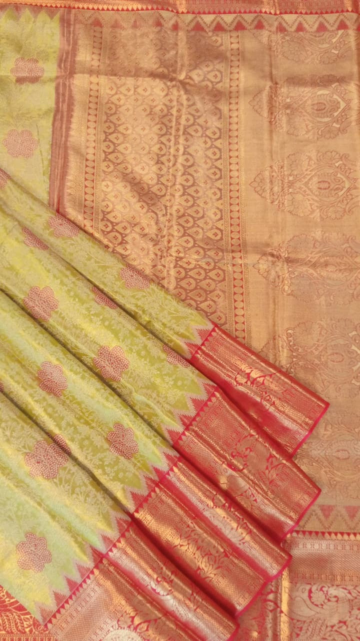 Lemon Yellow & Red Kanchipuram Silk Saree with Gold Zari Butta