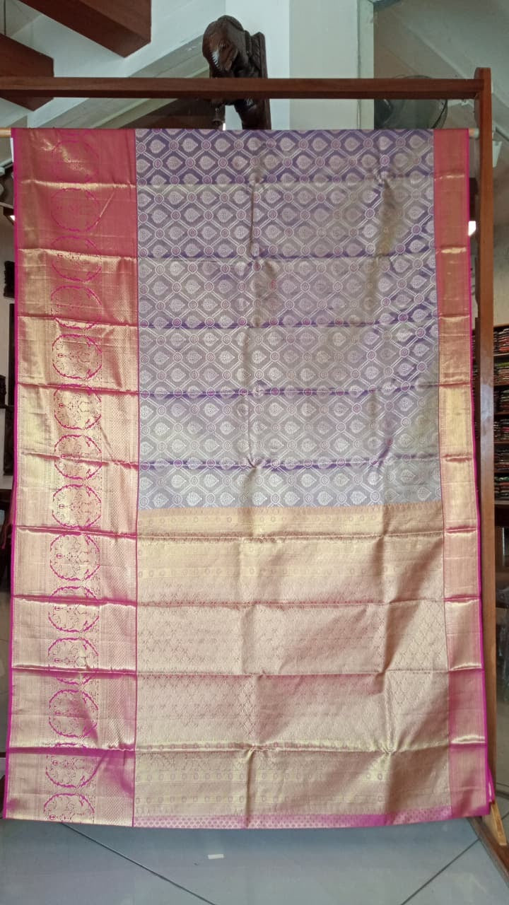 Light Lavender & Pink Kanchipuram Silk Saree with Gold Zari Weave