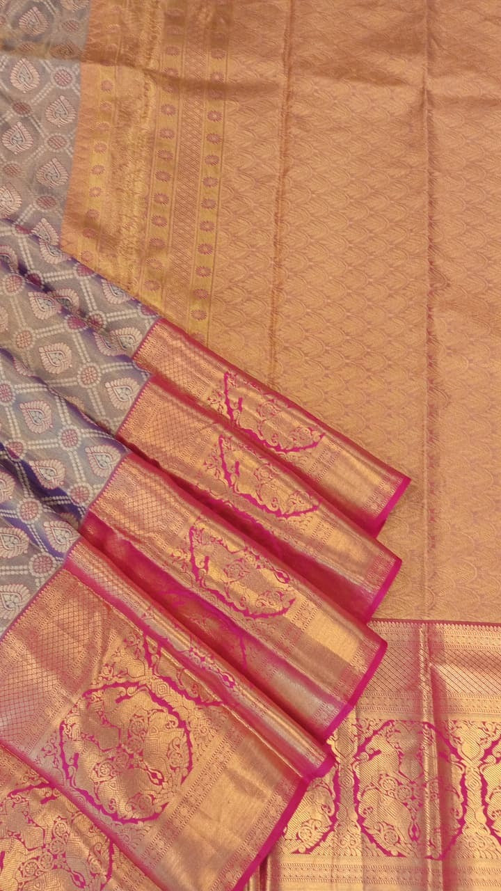 Light Lavender & Pink Kanchipuram Silk Saree with Gold Zari Weave