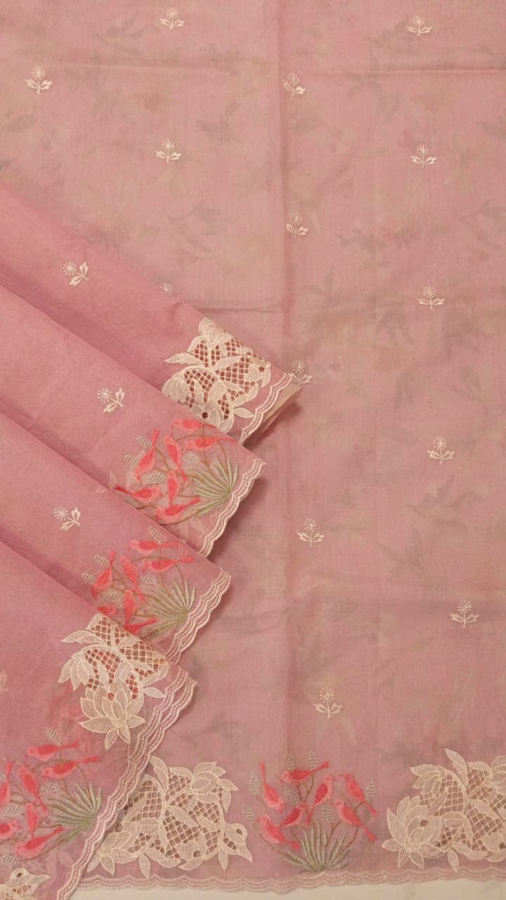 Lavender Silk Kota Thread Work Embroidery Saree