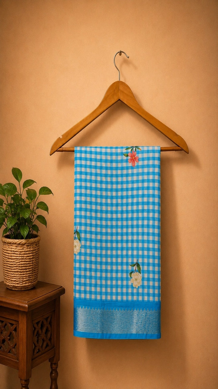 Mangalagiri Printed Silk Saree - Blue