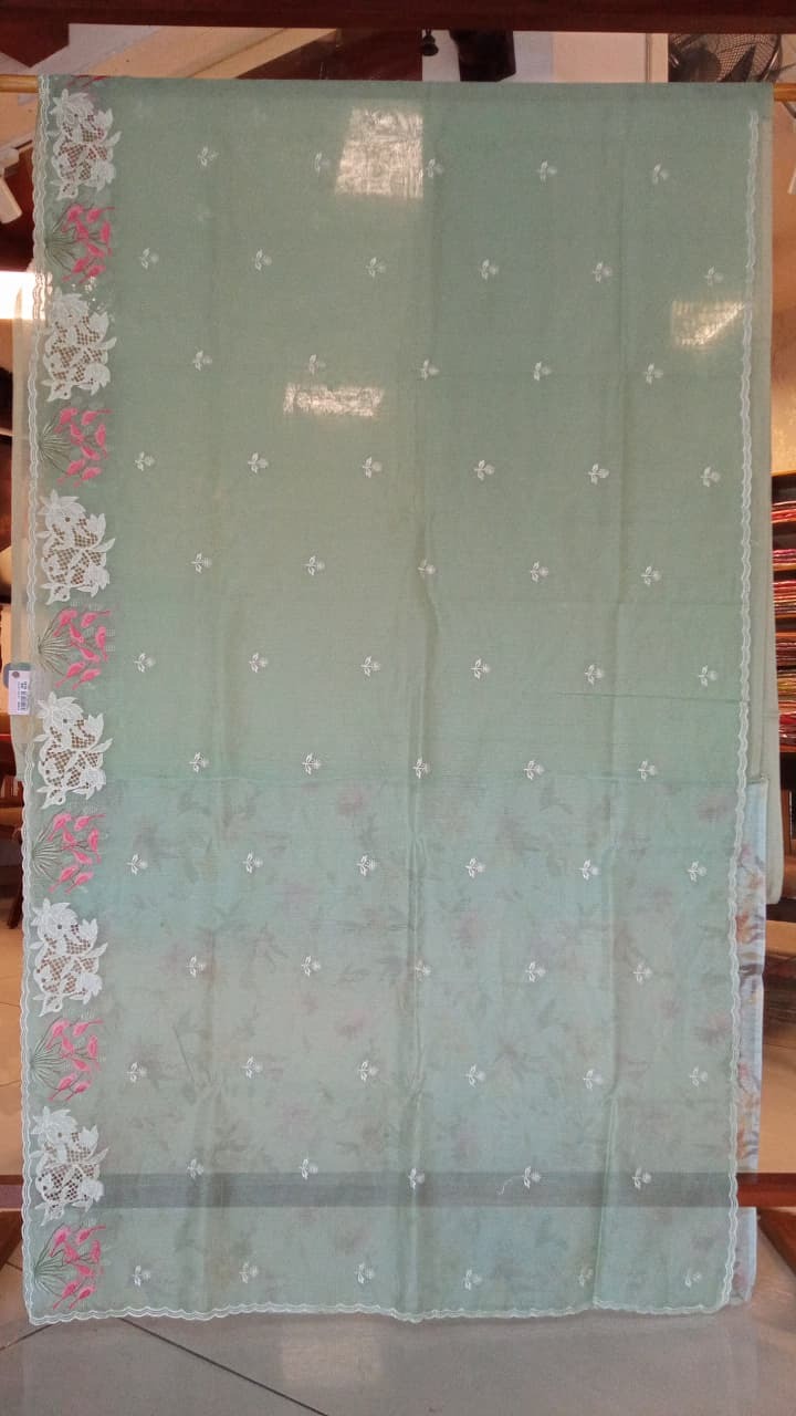 Light Green Silk Kota Thread Work Embroidery Saree