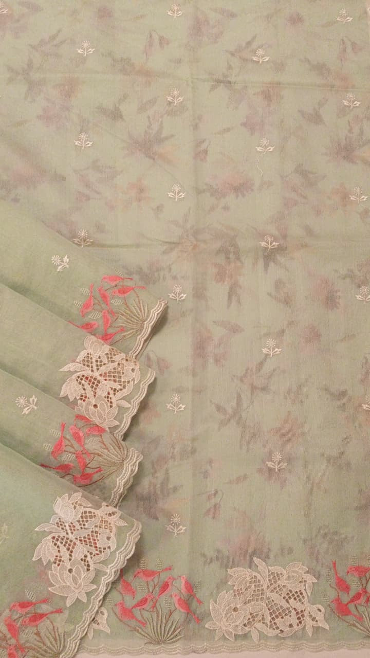 Light Green Silk Kota Thread Work Embroidery Saree