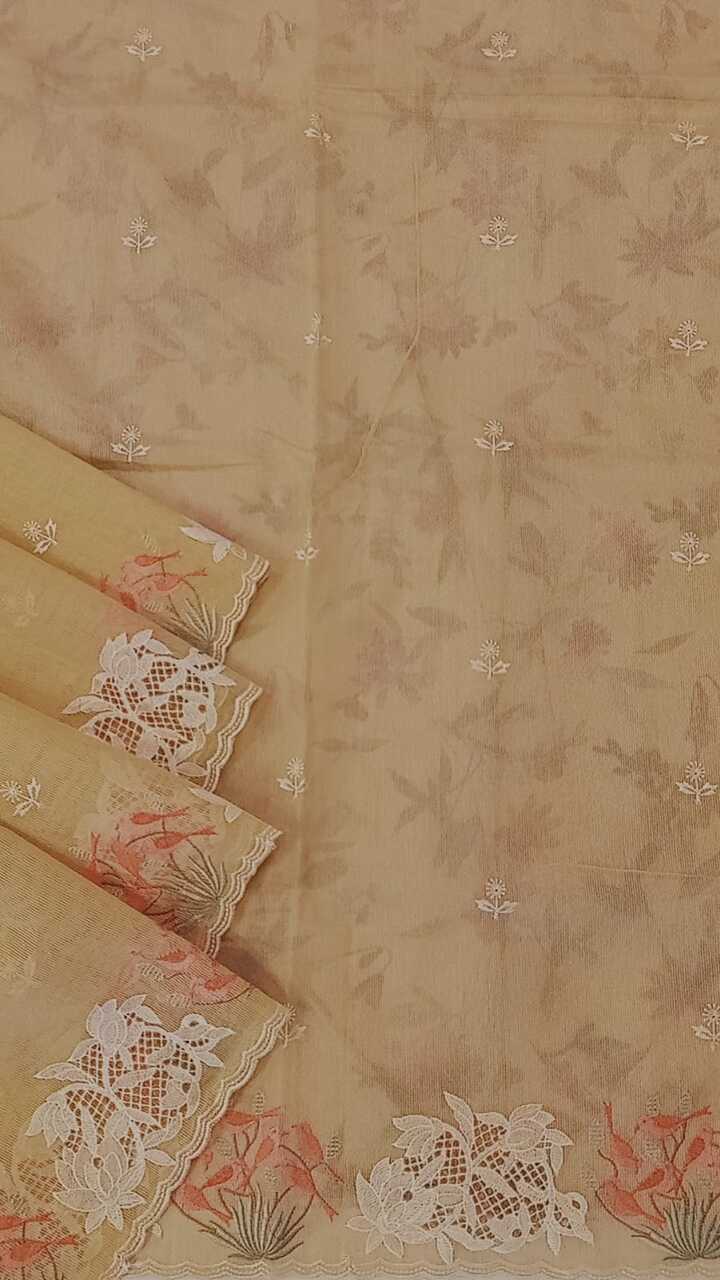 Yellow Silk Kota Thread Work Embroidery Saree