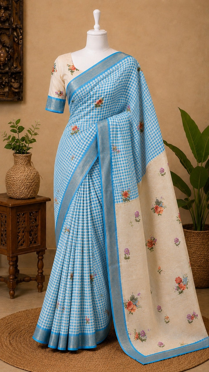Mangalagiri Printed Silk Saree - Blue