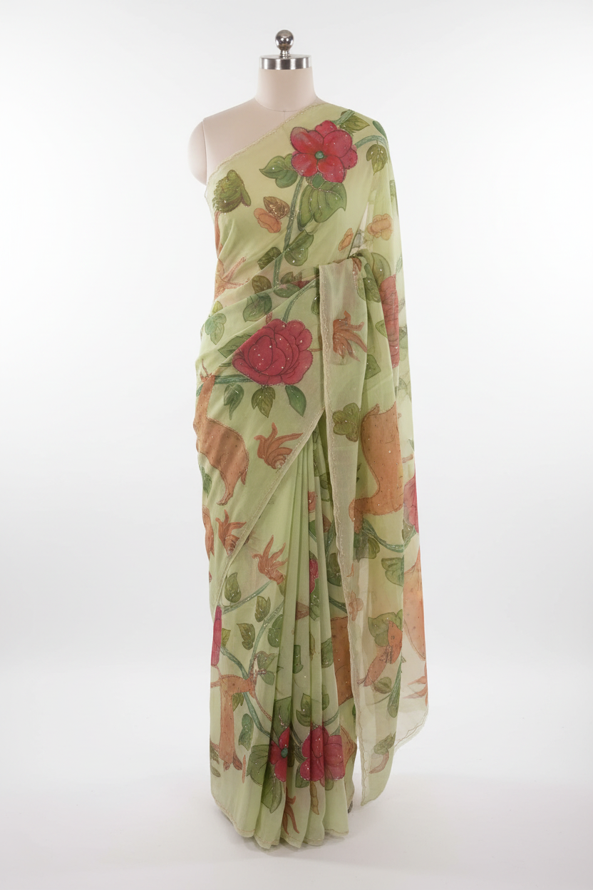Pista green chiffon saree with deer and pomegranate hand-painted design