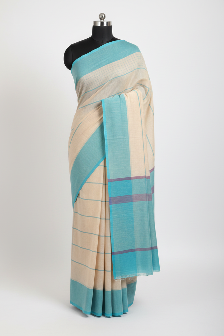 Cream & Turquoise Cotton Saree - Styled Product Image