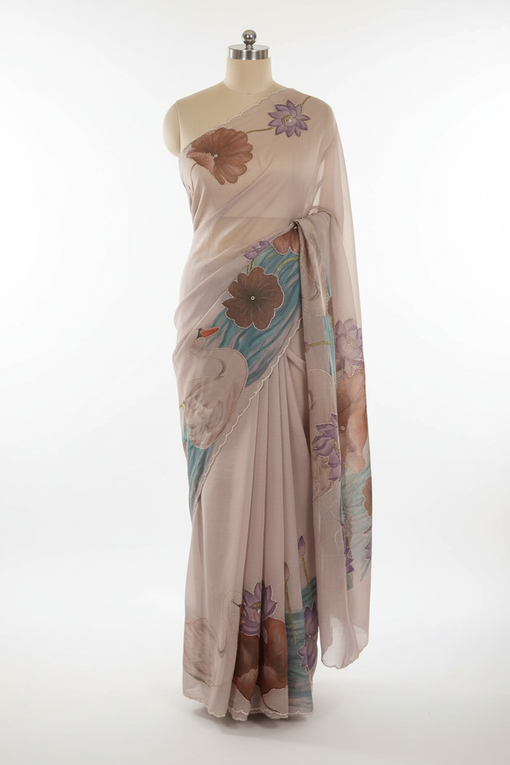 Lavender chiffon saree with swan and lotus hand-painted design