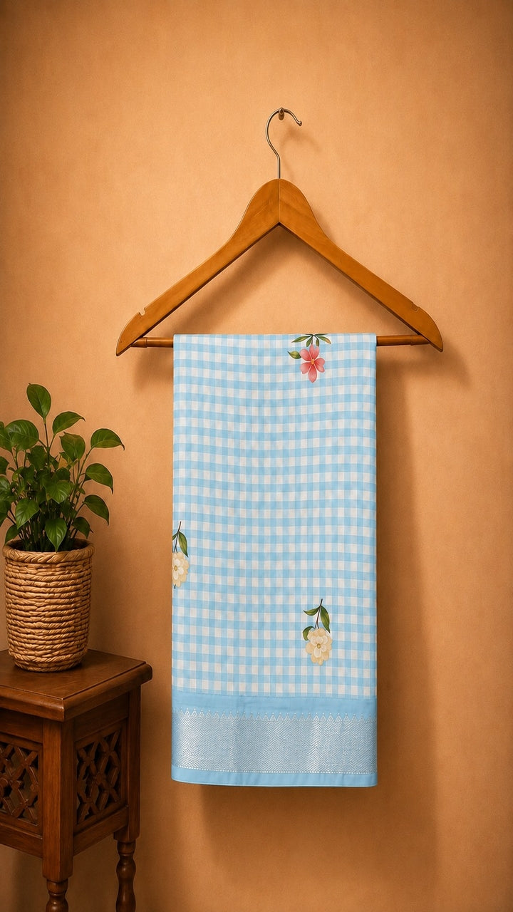 Mangalagiri Printed Silk Saree - pastel blue