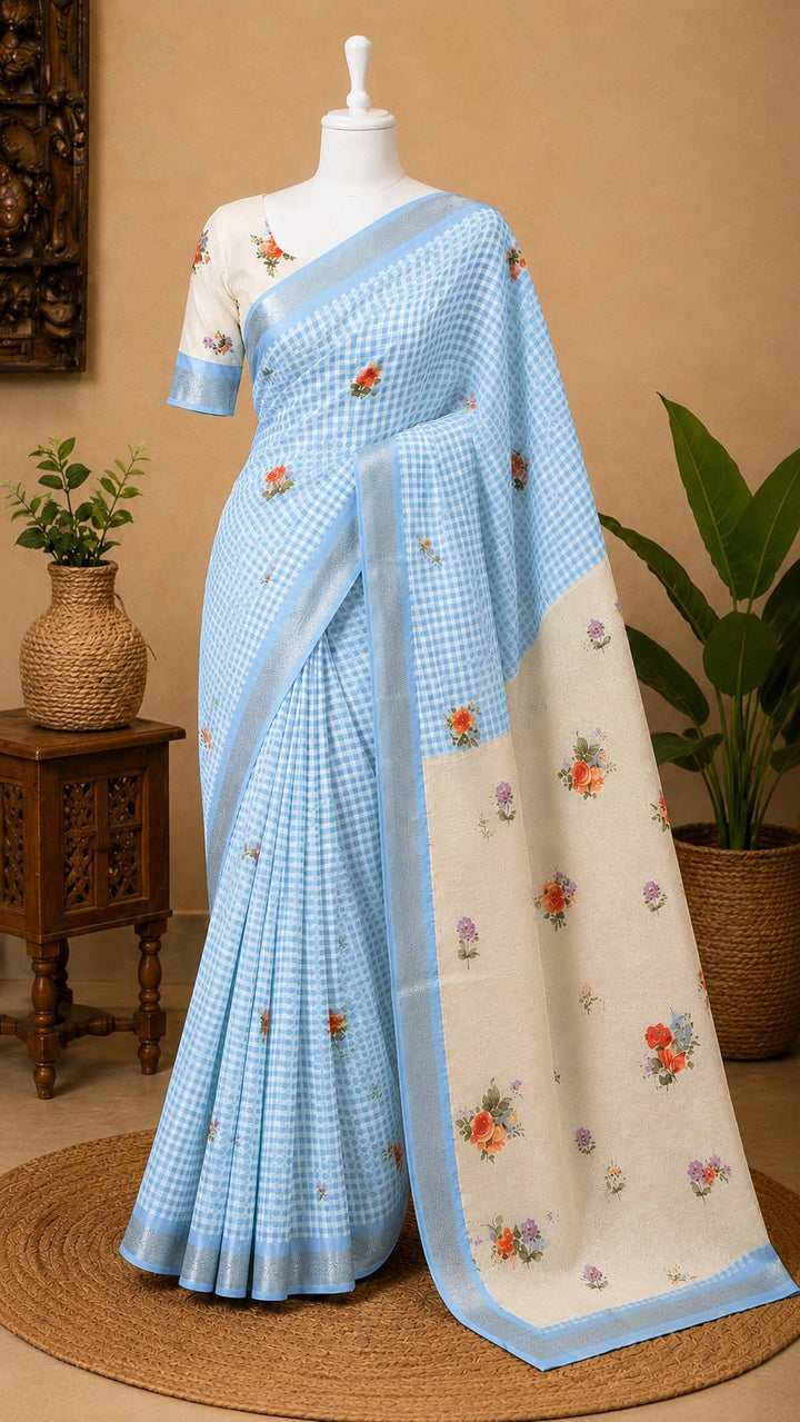 Mangalagiri Printed Silk Saree - pastel blue