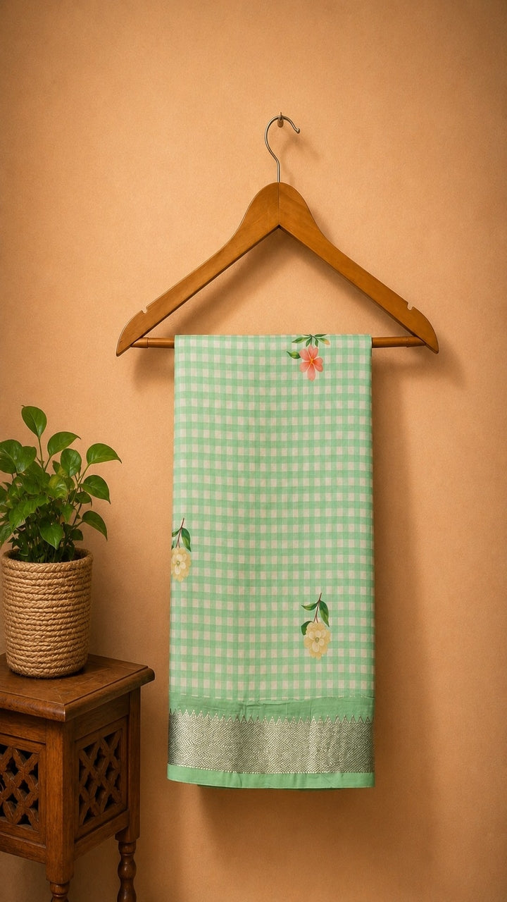 Mangalagiri Printed Silk Saree - Coral Green