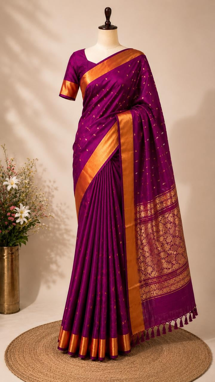 Dark megenta purple uppada handloom silk saree with gold zari weave