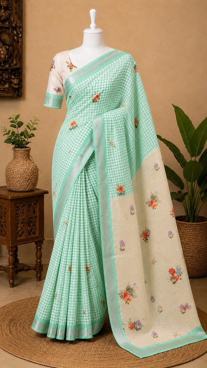 Mangalagiri Printed Silk Saree - light pastel Green