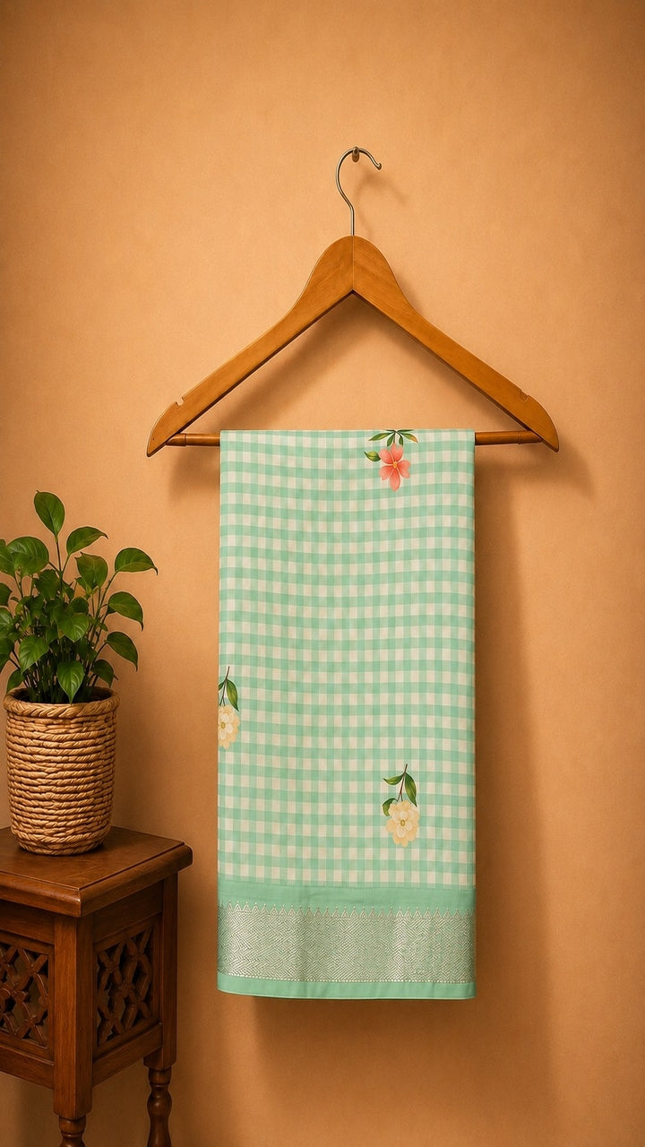 Mangalagiri Printed Silk Saree - light pastel Green