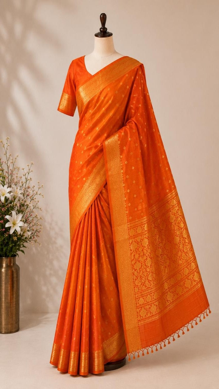 Orange uppada handloom silk saree with gold zari weave