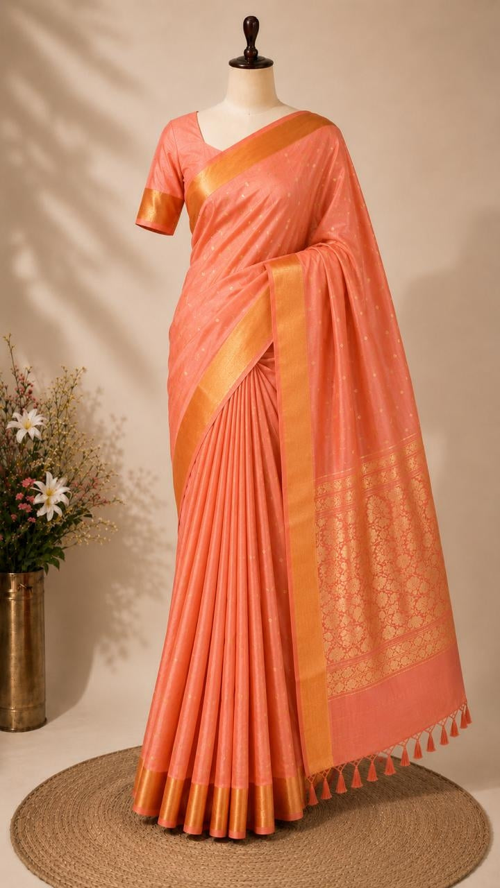 Peach uppada handloom silk saree with gold zari weave