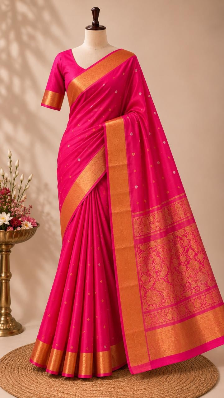 Pink uppada handloom silk saree with gold zari weave