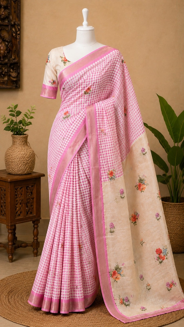 Mangalagiri printed silk saree - pink