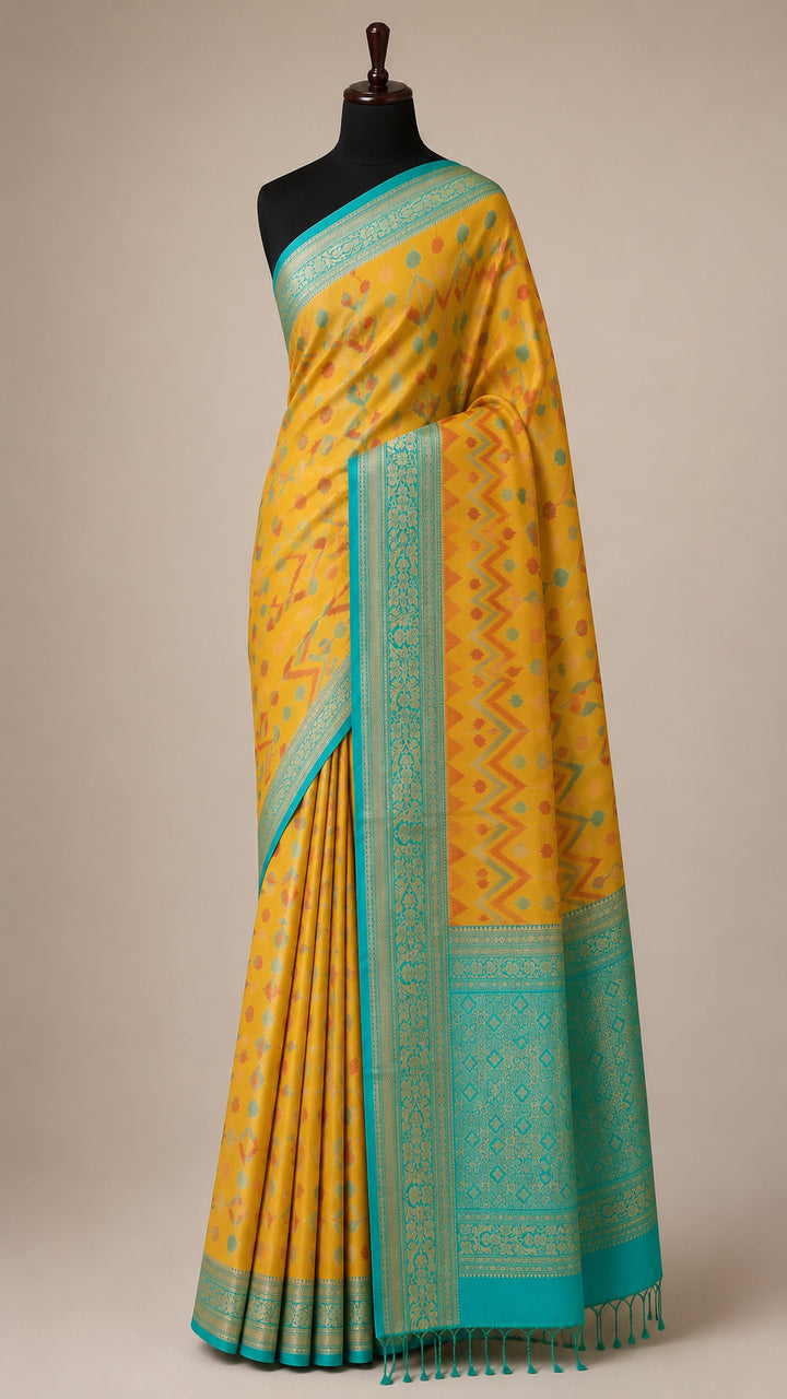 Mustard yellow Soft Silk Saree with teal gold zari pallu