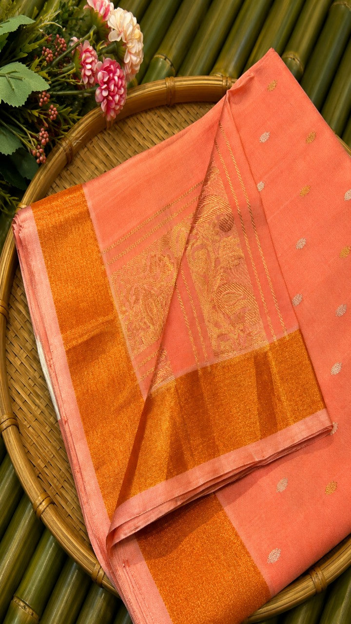 Peach uppada handloom silk saree with gold zari weave