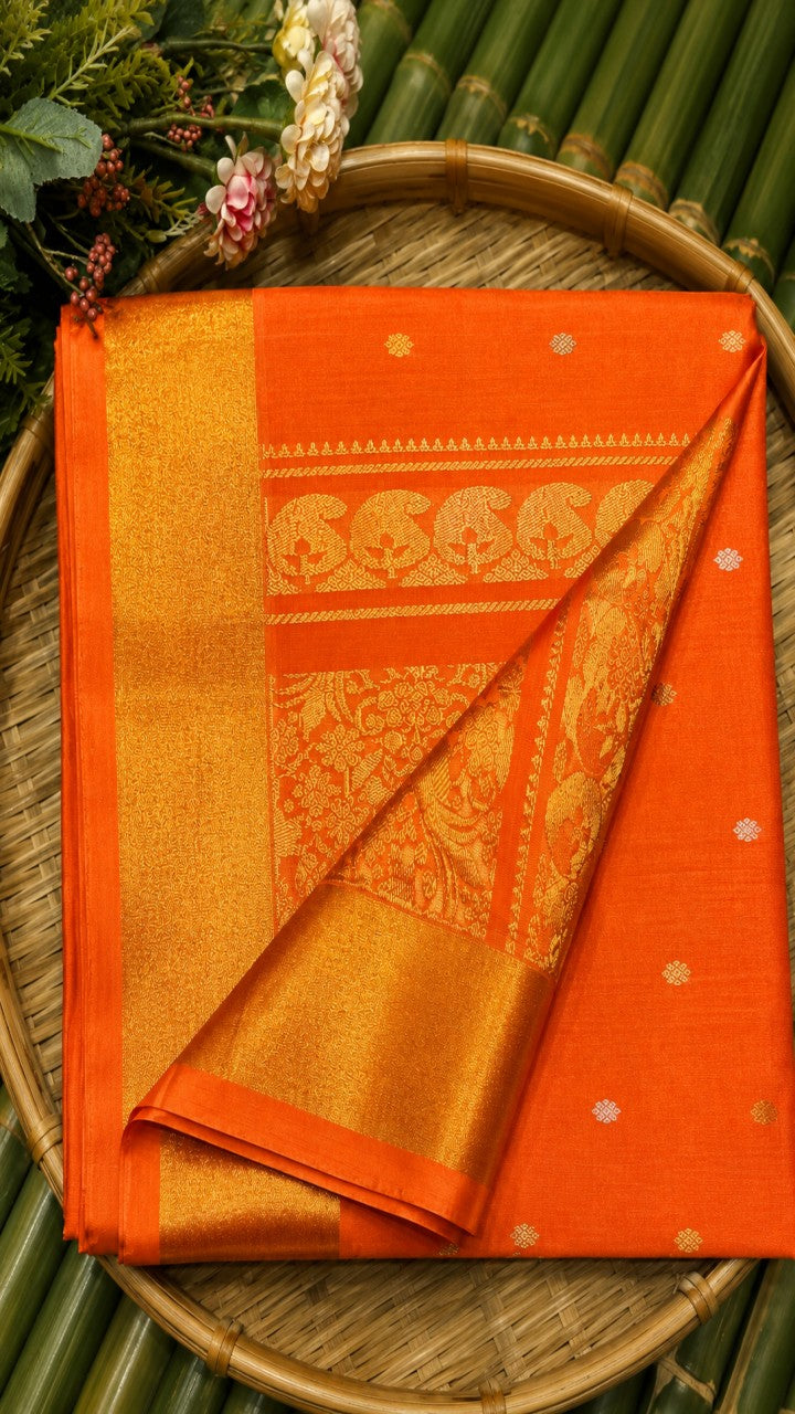 Orange uppada handloom silk saree with gold zari weave