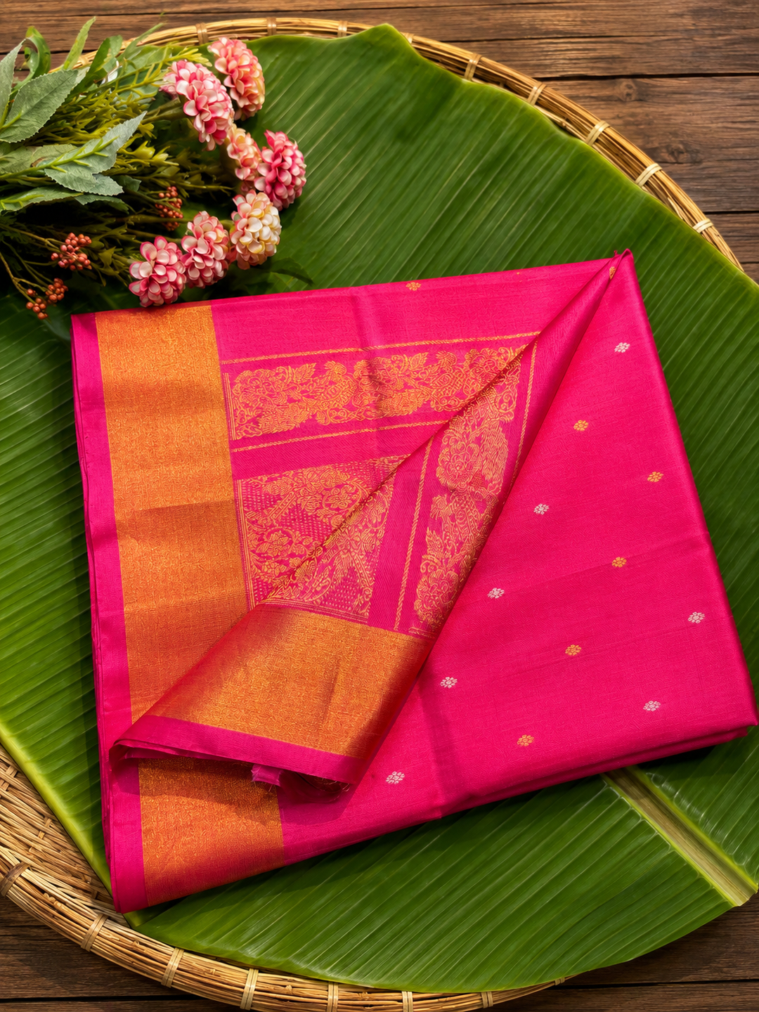Pink uppada handloom silk saree with gold zari weave