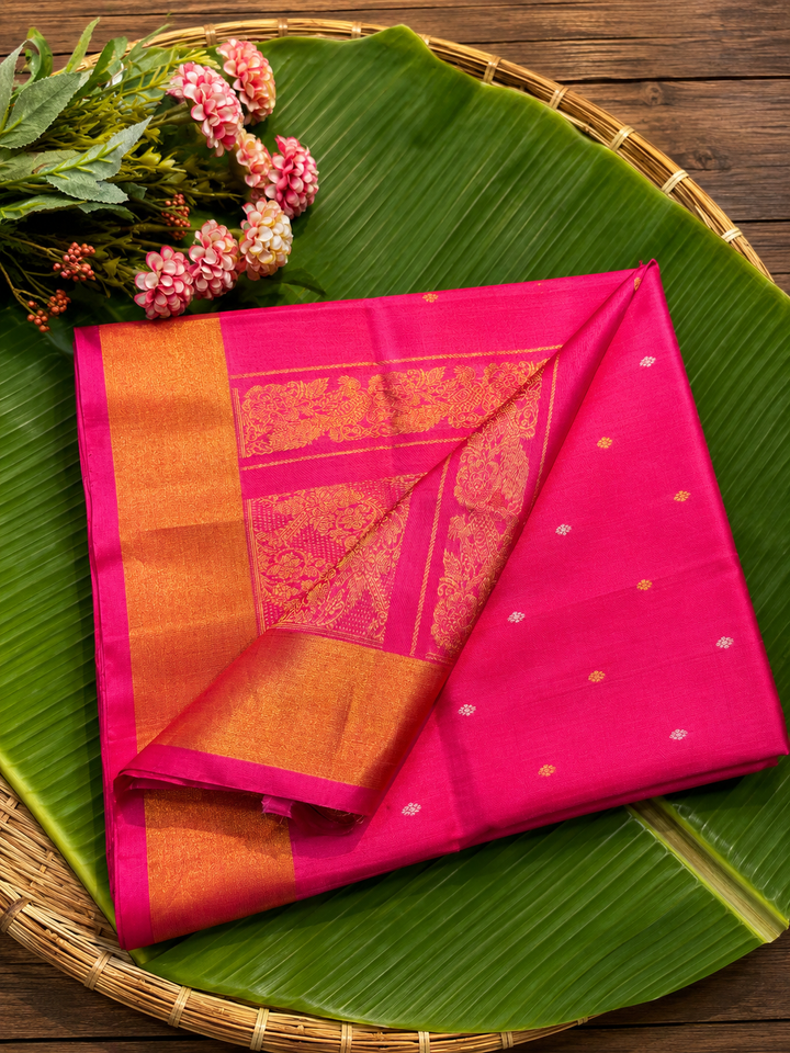 Pink uppada handloom silk saree with gold zari weave