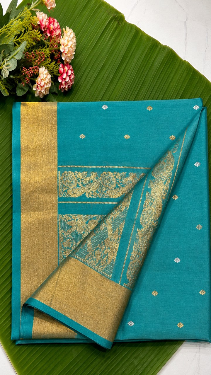 teal blue uppada handloom silk saree with gold zari weave