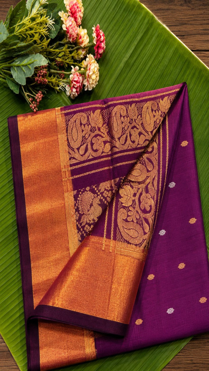 Dark megenta purple uppada handloom silk saree with gold zari weave