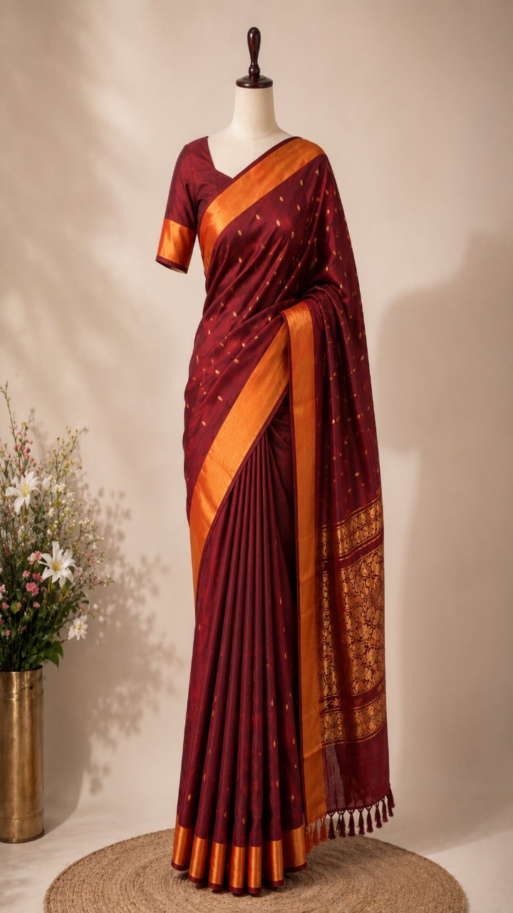 Maroon Uppada Handloom Silk Saree with Rich Gold Zari Border and Pallu