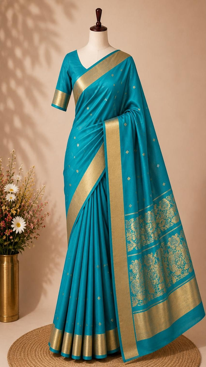 teal blue uppada handloom silk saree with gold zari weave