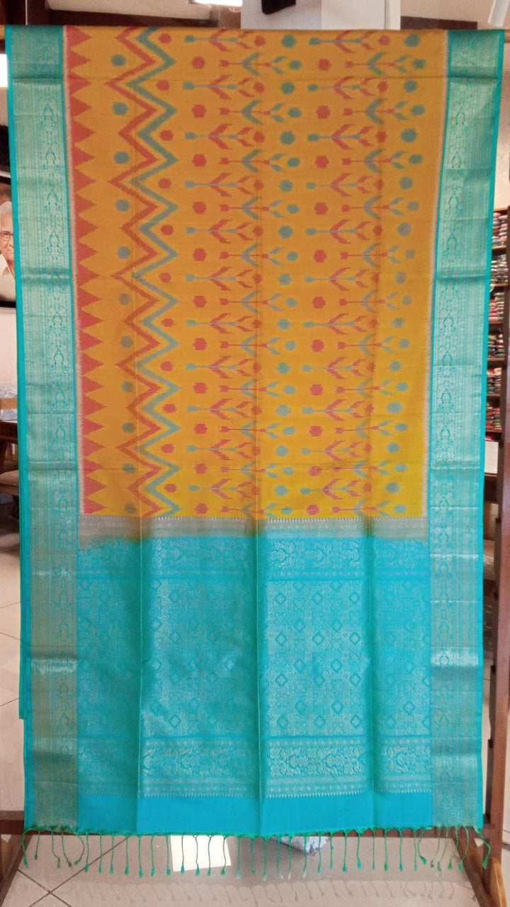 Mustard yellow Soft Silk Saree with teal gold zari pallu