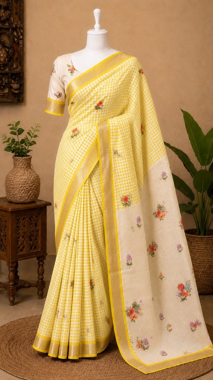 Mangalagiri Printed Silk Saree - yellow