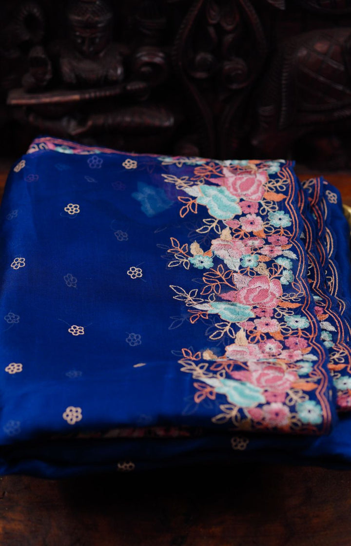 Embroidered dark blue organza saree