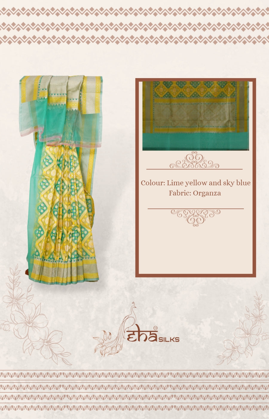 Lemon yellow sky blue Organza saree