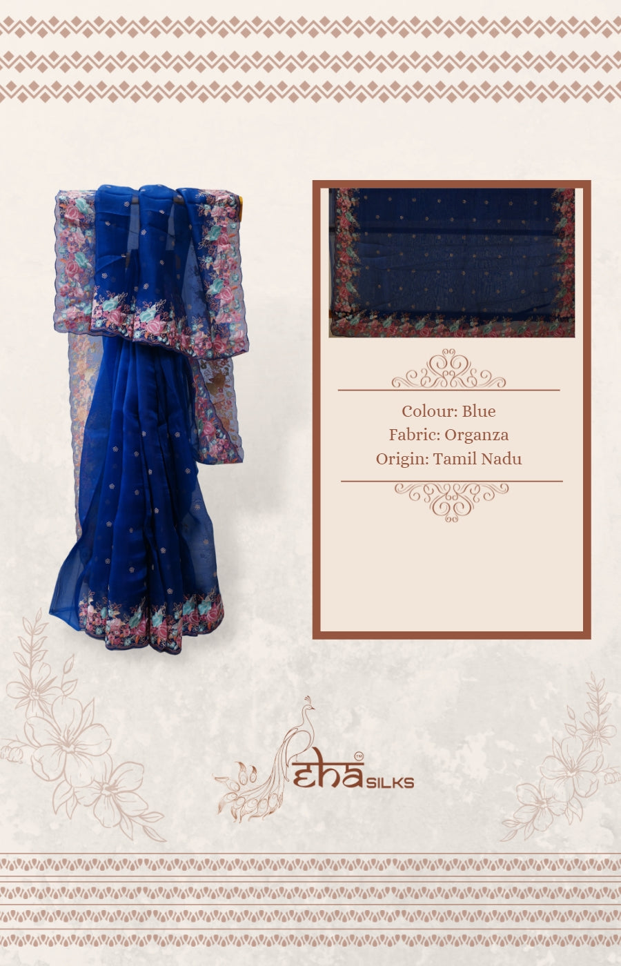 Embroidered dark blue organza saree